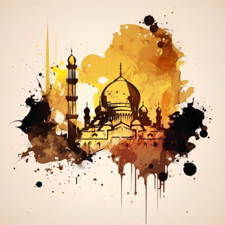 grunge background with mosque and grunge watercolor splashesの素材