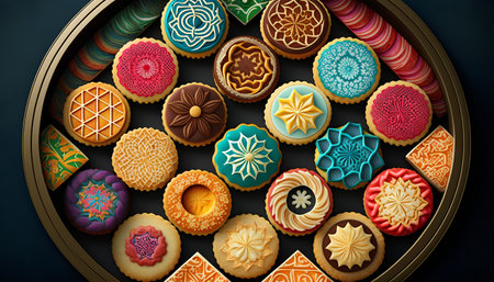 Circle of colorful cookies on black background. 3d rendering.の素材