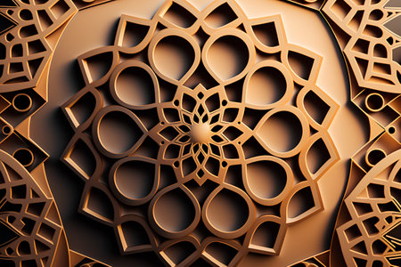 3d illustration of abstract geometric background with golden ornament in arabic styleの素材