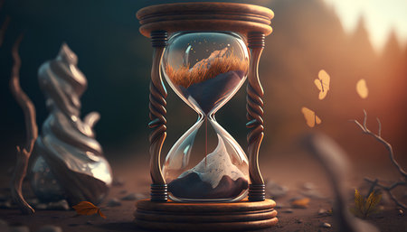 Hourglass with sand in the forest. 3D illustration. Conceptual image.の素材