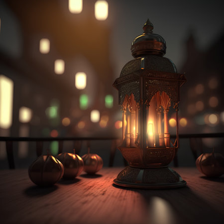 3d rendering of a Ramadan Kareem lantern in the city at nightの素材