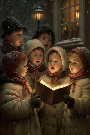 Children reading a book in the winter under the snow. Christmas story.の素材