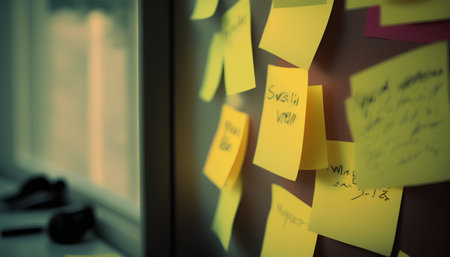 Sticky notes on the window. Shallow depth of field.の素材