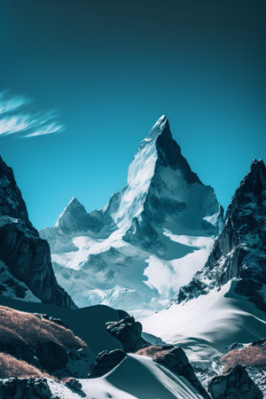 Beautiful mountain landscape with snow-capped peaks in the clouds.の素材