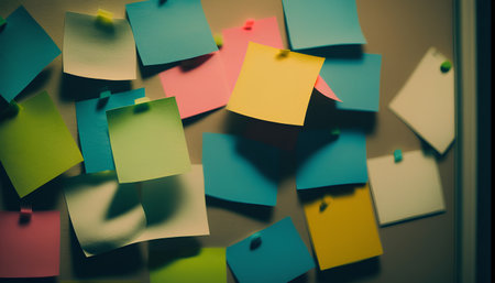 Colorful sticky notes on the wall. Selective focus. Toned.の素材