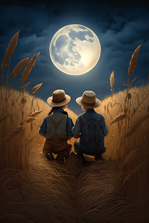 Two boys sitting in wheat field and looking at the full moon.の素材