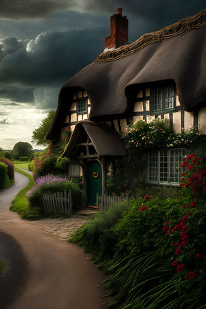 Beautiful old house with thatched roof in the countryside of Englandの素材