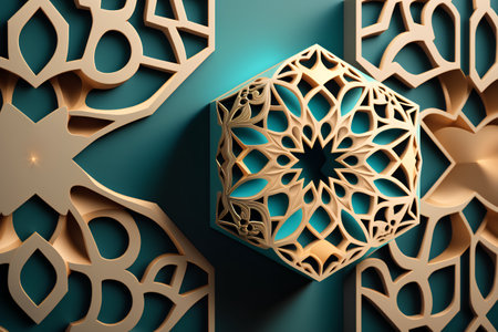 3d illustration. Geometric decorative ornament on a turquoise background.の素材