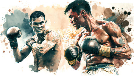 Digital watercolor painting of two male boxers fighting in the ring.の素材