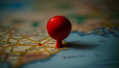 Red pushpin on a map of the Netherlands. Selective focus.の素材