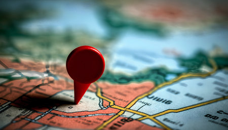 Red pin on a map. Shallow depth of field. Selective focus.の素材