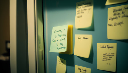 Sticky notes on the wall in the office. Selective focus. Toned.の素材