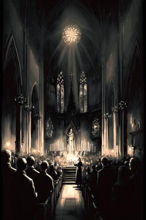 interior of a church with people in a crowd, tonedの素材