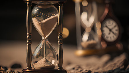 Hourglass on sand, close up. Time is running out conceptの素材