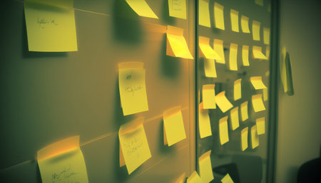 Sticky notes on a wall in an office. Selective focus. Toned.の素材