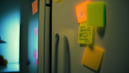 Sticky notes on the fridge in the kitchen. Selective focus.の素材