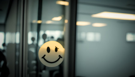 Smiley face on a wall in a modern office. Selective focus.の素材