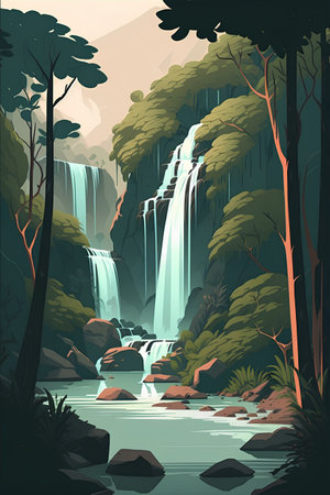 Waterfall in the forest. Vector illustration in a flat style.の素材