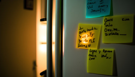Sticky notes on the wall of a refrigerator. To do list.の素材