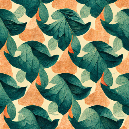Seamless pattern with green leaves on orange background. Hand-drawn illustration.の素材