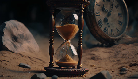 Time concept. Old hourglass with sand running through the time.の素材