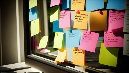 sticky notes on the window, closeup of photo with shallow depth of fieldの素材
