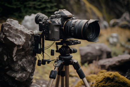 Professional digital camera with tripod on tripod in mountains. Selective focusの素材