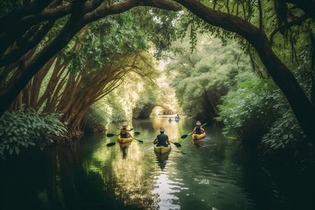 Group of people kayaking on the river in the jungle, Thailandの素材