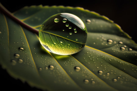 Water drops on green leaf. Nature background. Selective focus.の素材