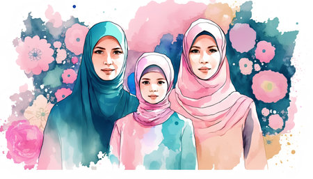 Beautiful muslim women with hijab on colorful watercolor background.の素材