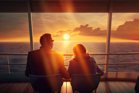Man and woman sittingof cruise ship looking at sunset.の素材