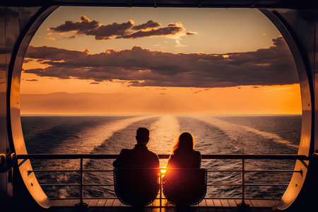 Couple sittingof cruise ship looking at beautiful sunset.の素材