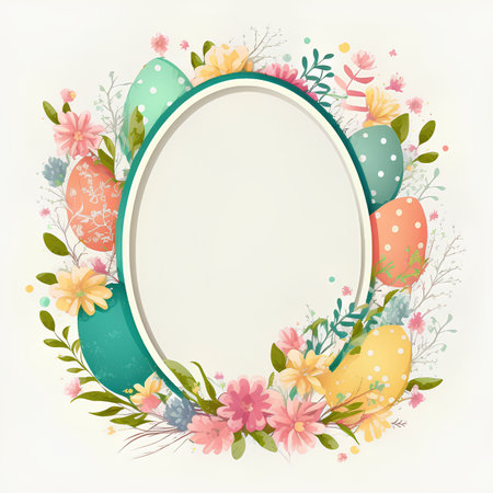 Easter frame with eggs, flowers and leaves. Vector illustration.の素材
