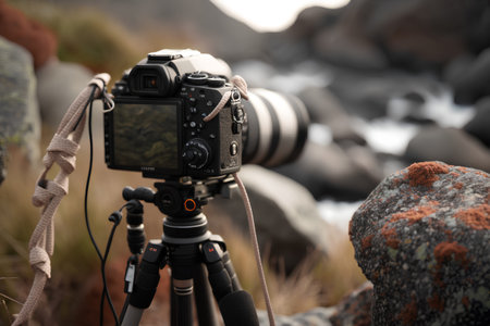 Professional camera on tripod on blurred background of mountain landscape. Selective focus.の素材