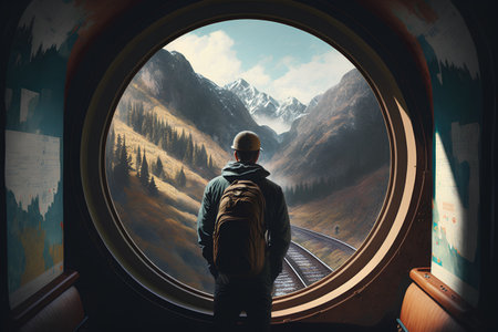 Traveler looking at the mountains through the window of a train.の素材