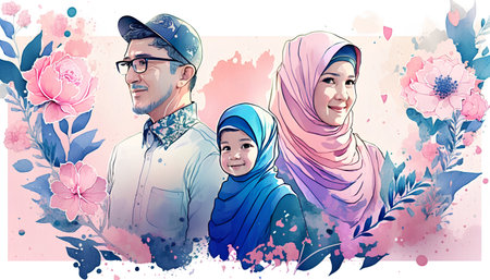 Beautiful muslim family portrait with watercolor background. Vector illustration.の素材