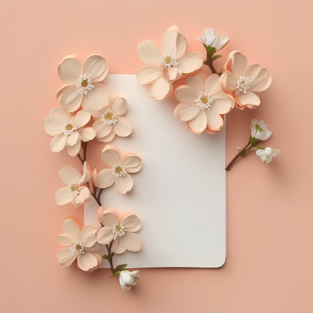 Flower frame on pastel background. Flat lay, top viewの素材