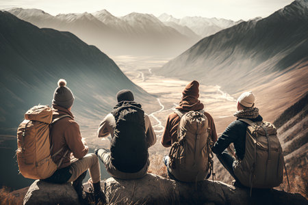 Group of hikers with backpacks sitting on top of a mountain and enjoying valley viewの素材