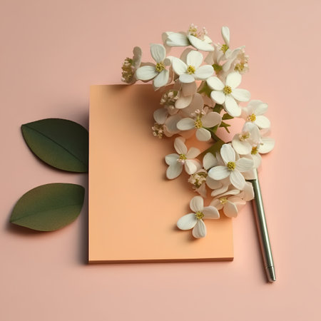 Creative flat lay top view mockup of blank note card with spring white flowers and green leaves on pastel pink background with copy space. Template for feminine blog social mediaの素材