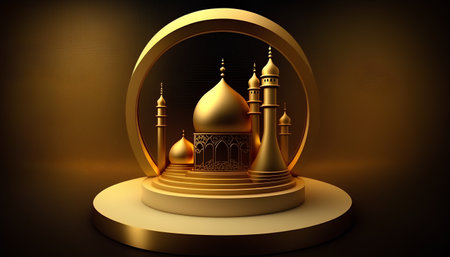 golden mosque with golden dome on dark background, 3d renderの素材
