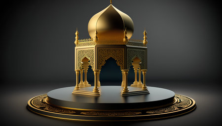 3d illustration of golden islamic mosque on black background.の素材
