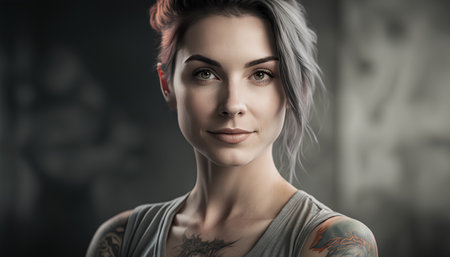 Portrait of a beautiful young woman with tattoos on her arms.の素材