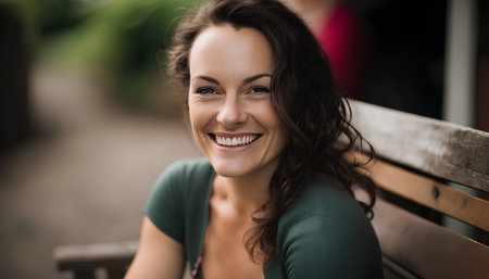 Portrait of a smiling woman sitting on a bench in a parkの素材