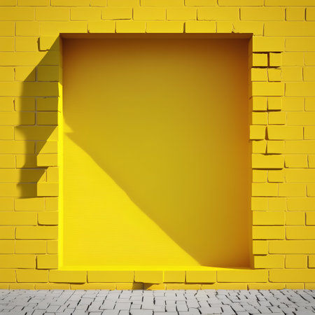 Yellow brick wall with yellow frame, 3d render, square imageの素材