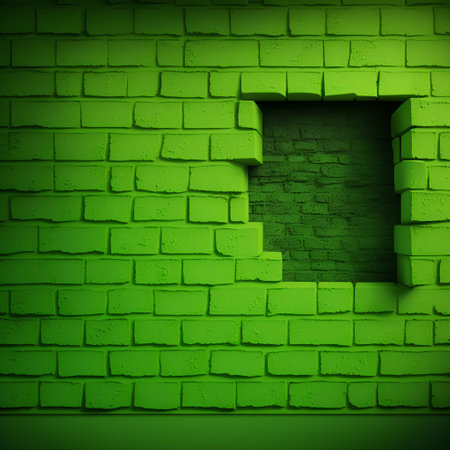 Green brick wall with a hole in it. 3d render.の素材
