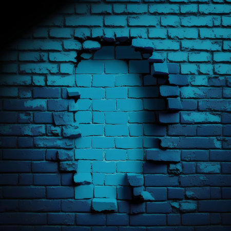 Dark blue brick wall with silhouette of man in hole, 3d renderの素材