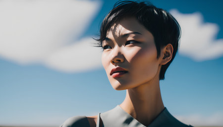 Portrait of a beautiful young asian woman with blue sky backgroundの素材