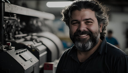 Portrait of a happy mature man working in a modern factory.の素材