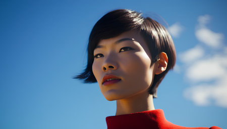 Portrait of a beautiful asian woman with blue sky on backgroundの素材
