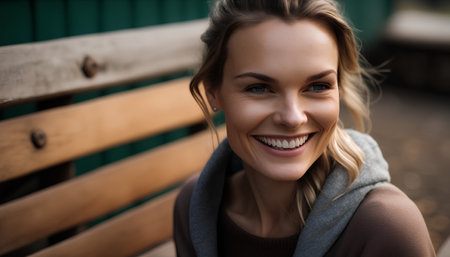Close-up portrait of a smiling young woman sitting on a bench outdoorsの素材